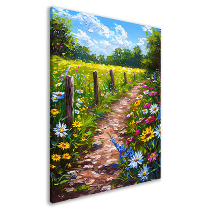 Schilderachtig bloemenpad in kleurrijk landschap canvas