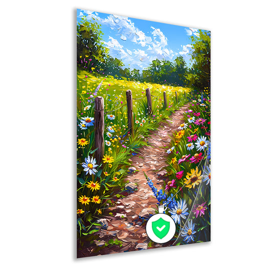 Schilderachtig bloemenpad in kleurrijk landschap poster