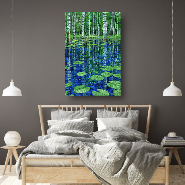 Bos en waterlelies kunst in modern design canvas met baklijst