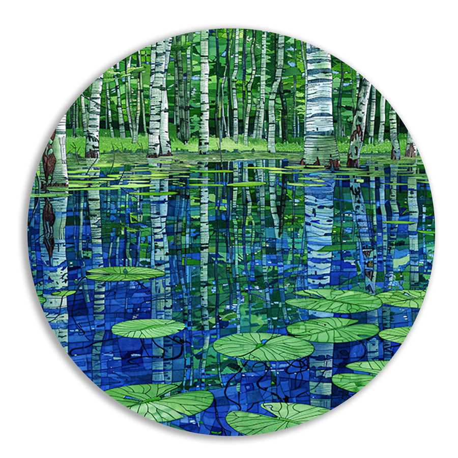 Bos en waterlelies kunst in modern design aluminium muurcirkel