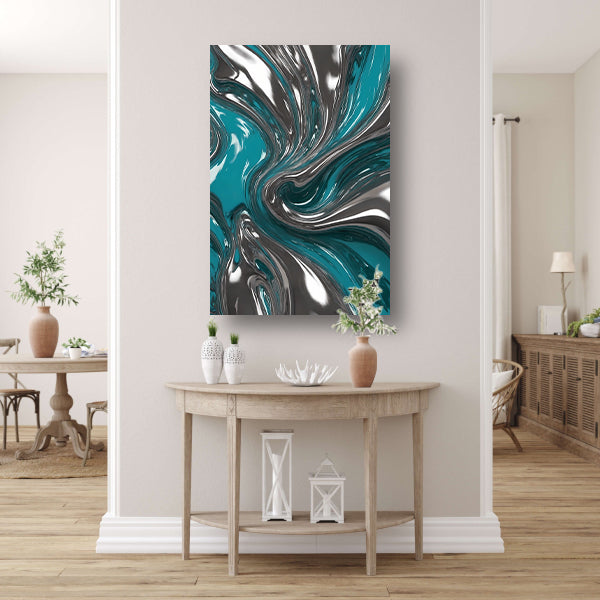 Dynamische turquoise zilveren abstracte werveling canvas