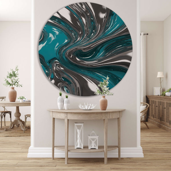 Dynamische turquoise zilveren abstracte werveling aluminium muurcirkel