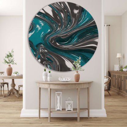 Dynamische turquoise zilveren abstracte werveling aluminium muurcirkel