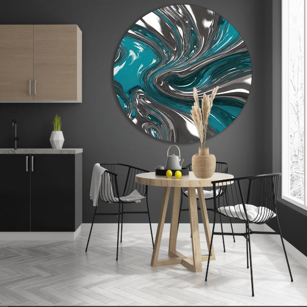 Dynamische turquoise zilveren abstracte werveling aluminium muurcirkel