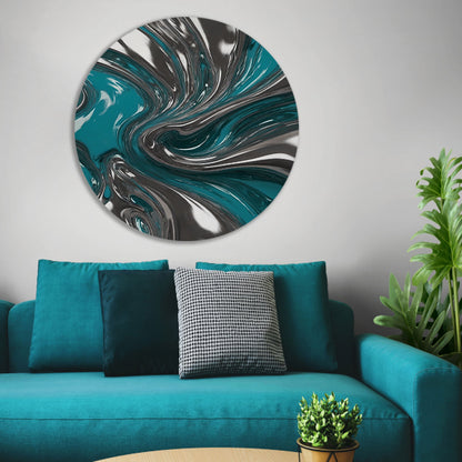 Dynamische turquoise zilveren abstracte werveling aluminium muurcirkel