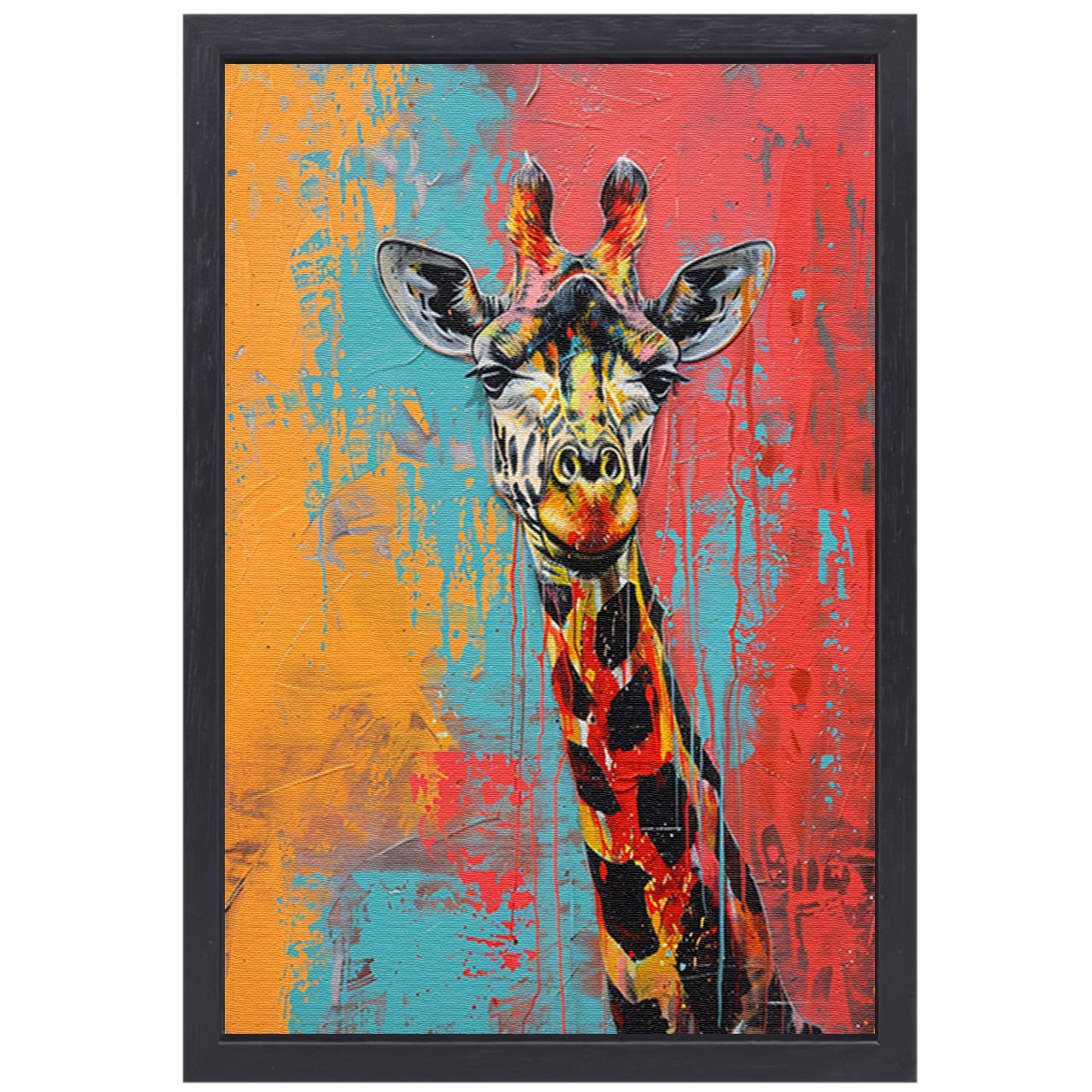 Kleurrijk schilderij van een giraffe canvas met baklijst