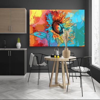 Abstracte kleurrijke zonnebloem schilderij met lijnwerk poster