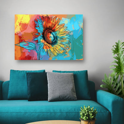 Abstracte kleurrijke zonnebloem schilderij met lijnwerk poster
