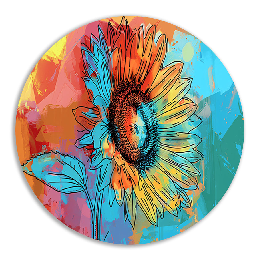Abstracte kleurrijke zonnebloem schilderij met lijnwerk forex muurcirkel