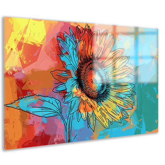 Abstracte kleurrijke zonnebloem schilderij met lijnwerk acrylglas