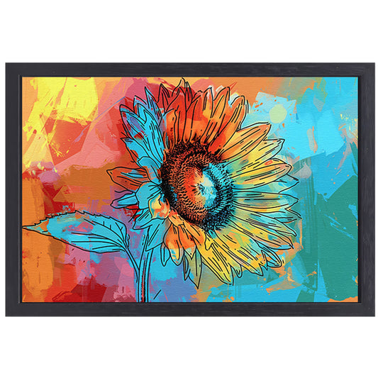Abstracte kleurrijke zonnebloem schilderij met lijnwerk canvas met baklijst