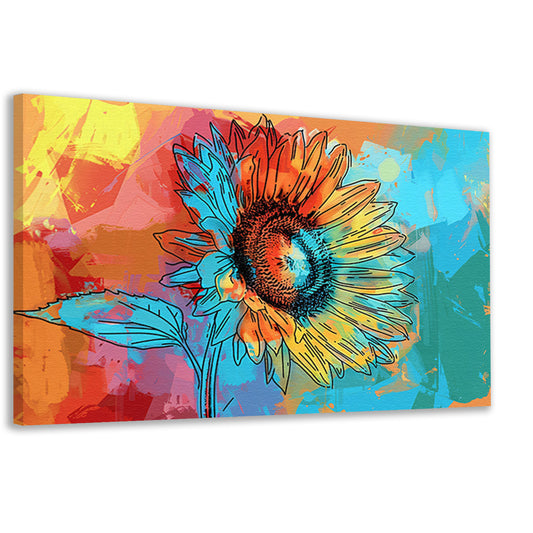 Abstracte kleurrijke zonnebloem schilderij met lijnwerk canvas