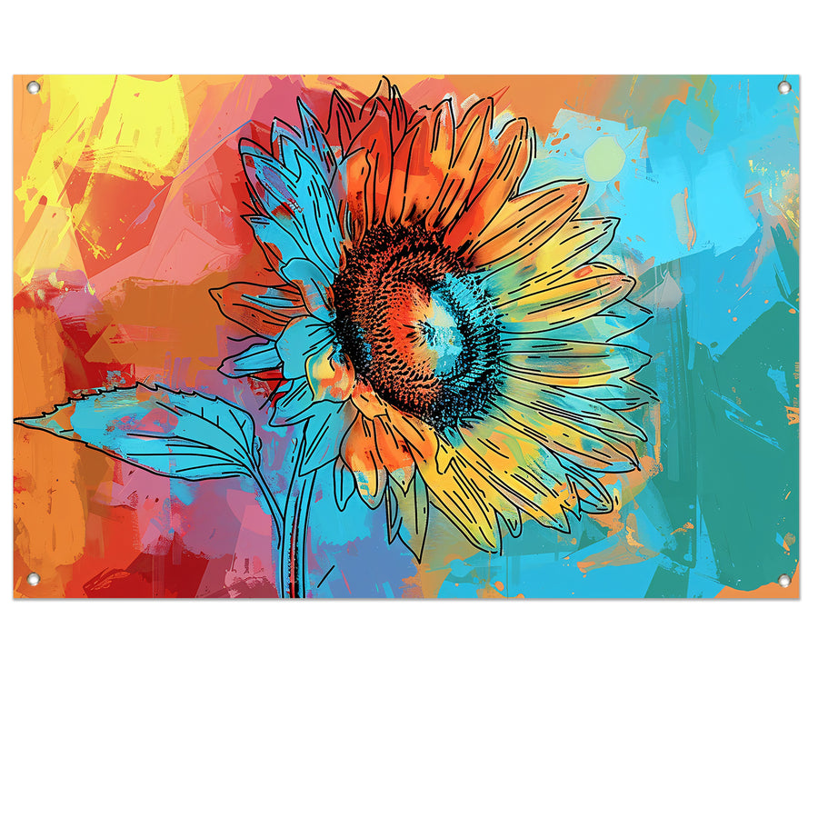 Abstracte kleurrijke zonnebloem schilderij met lijnwerk tuinposter