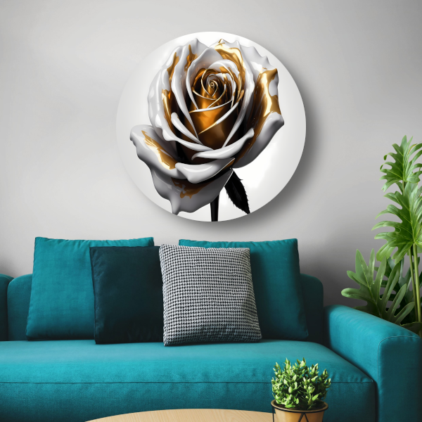 Gouden Roos Elegantie in Monochroom aluminium muurcirkel