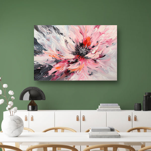 Abstract schilderij van chrysant in dynamische kleuren canvas met baklijst