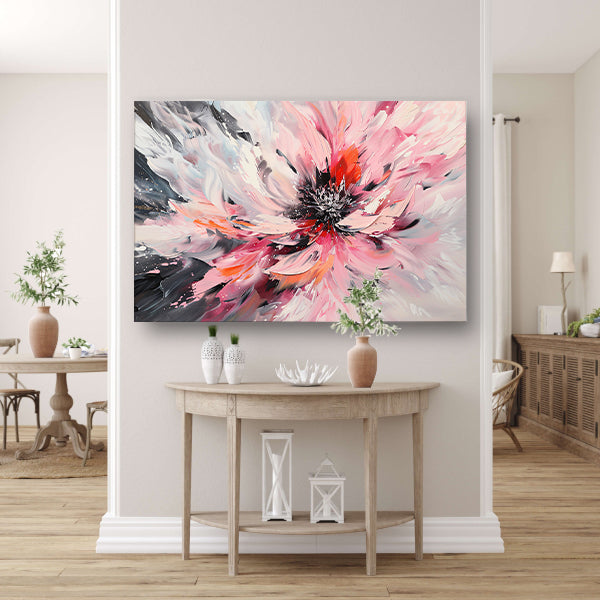 Abstract schilderij van chrysant in dynamische kleuren canvas met baklijst