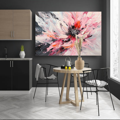 Abstract schilderij van chrysant in dynamische kleuren canvas met baklijst