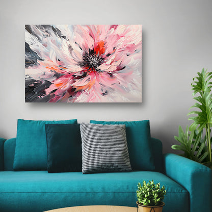 Abstract schilderij van chrysant in dynamische kleuren canvas met baklijst