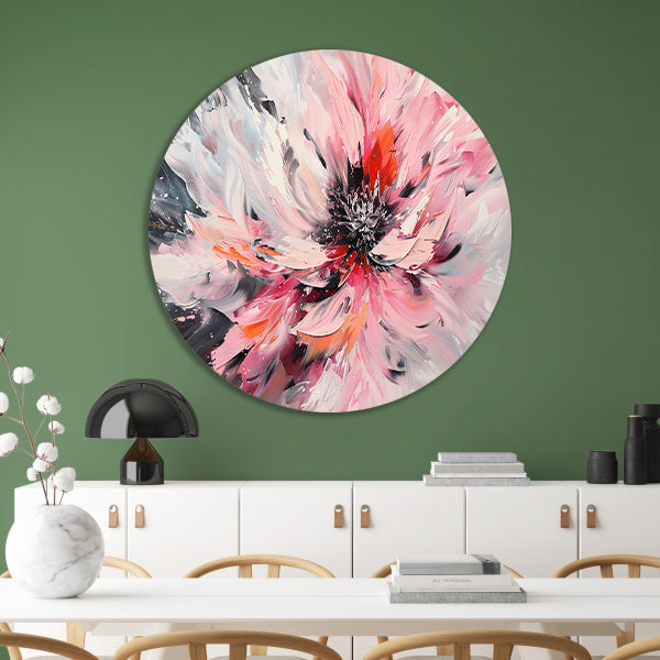 Abstract schilderij van chrysant in dynamische kleuren forex muurcirkel