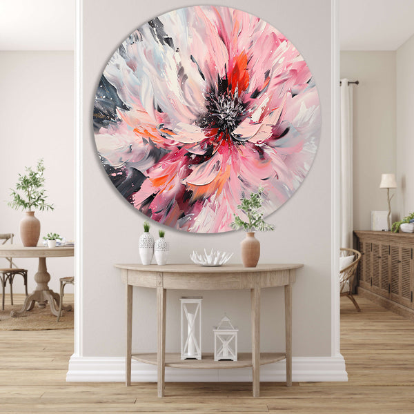 Abstract schilderij van chrysant in dynamische kleuren aluminium muurcirkel