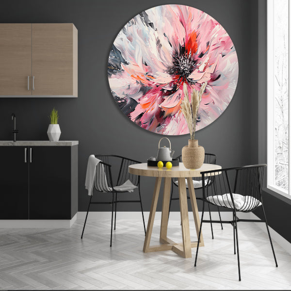 Abstract schilderij van chrysant in dynamische kleuren aluminium muurcirkel