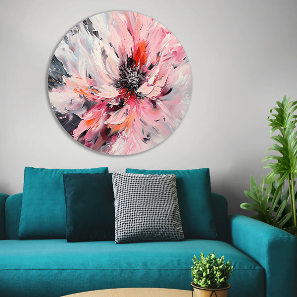 Abstract schilderij van chrysant in dynamische kleuren aluminium muurcirkel