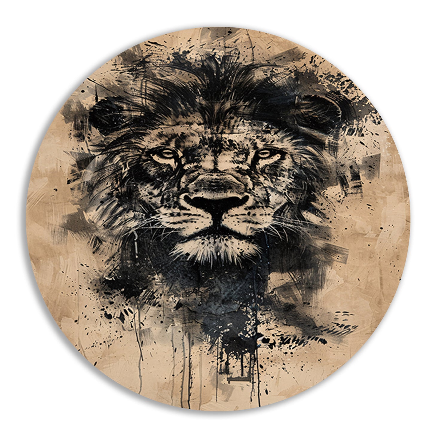 Abstract zwart-wit leeuwenportret met verfspetters forex muurcirkel
