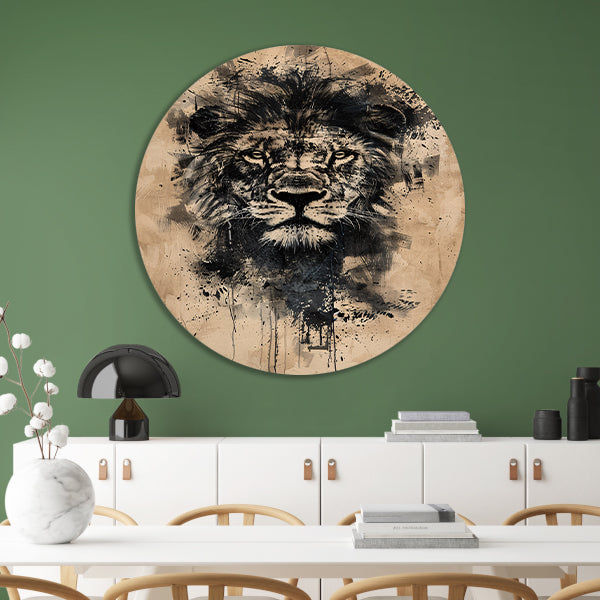 Abstract zwart-wit leeuwenportret met verfspetters forex muurcirkel