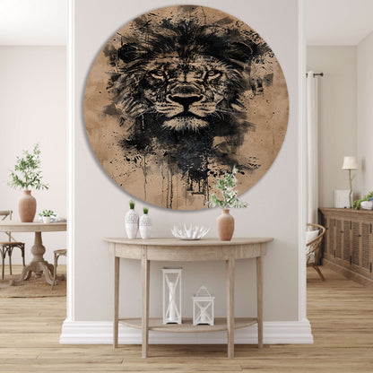Abstract zwart-wit leeuwenportret met verfspetters aluminium muurcirkel