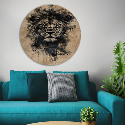 Abstract zwart-wit leeuwenportret met verfspetters aluminium muurcirkel