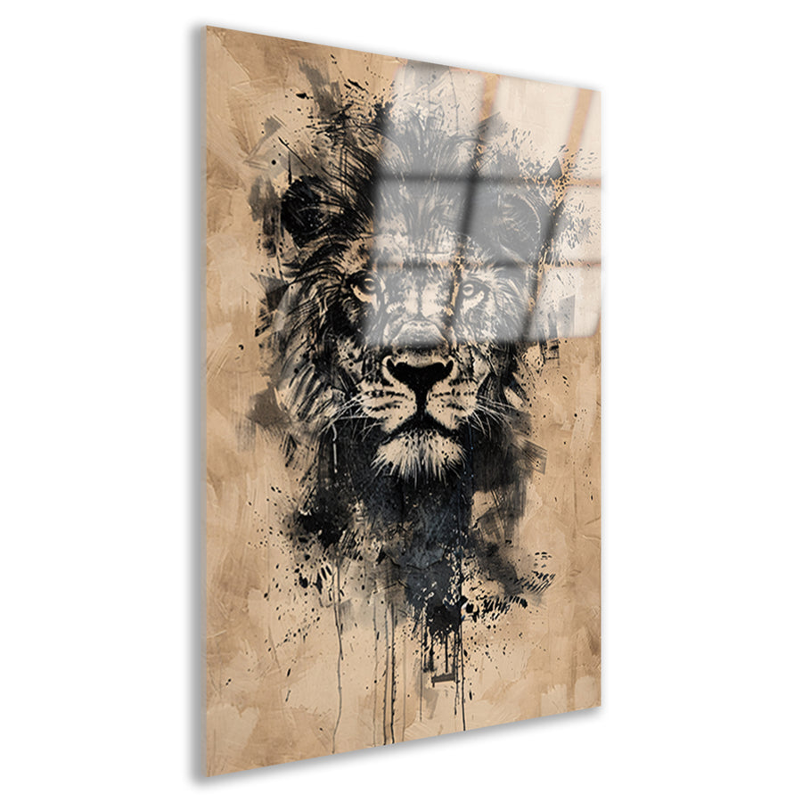 Abstract zwart-wit leeuwenportret met verfspetters acrylglas