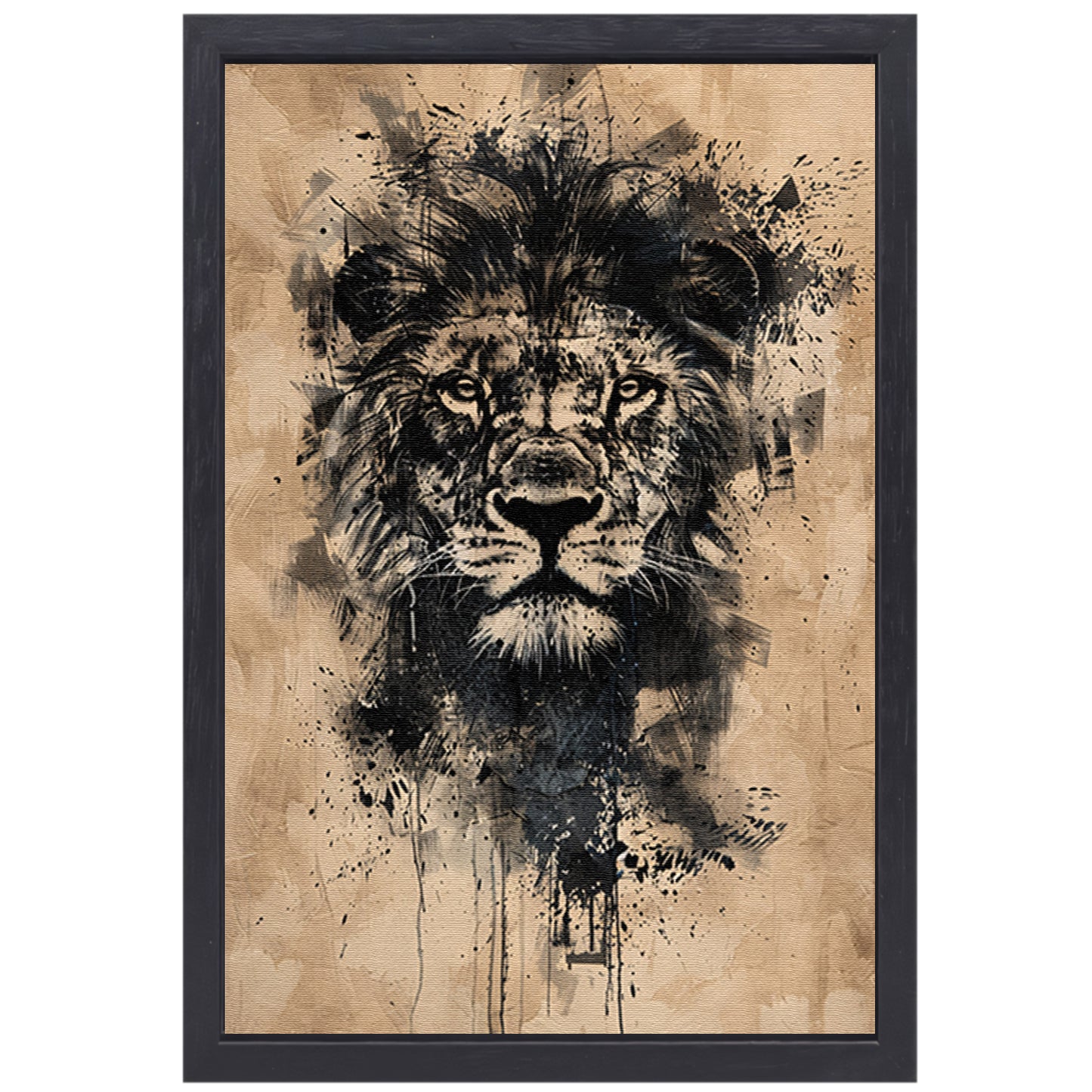 Abstract zwart-wit leeuwenportret met verfspetters canvas met baklijst