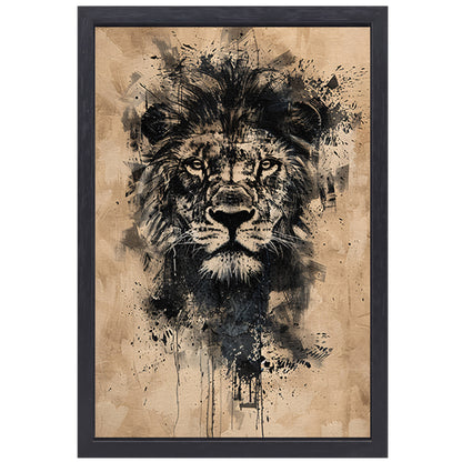 Abstract zwart-wit leeuwenportret met verfspetters canvas met baklijst