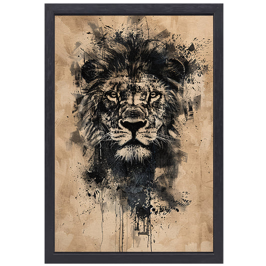 Abstract zwart-wit leeuwenportret met verfspetters canvas met baklijst