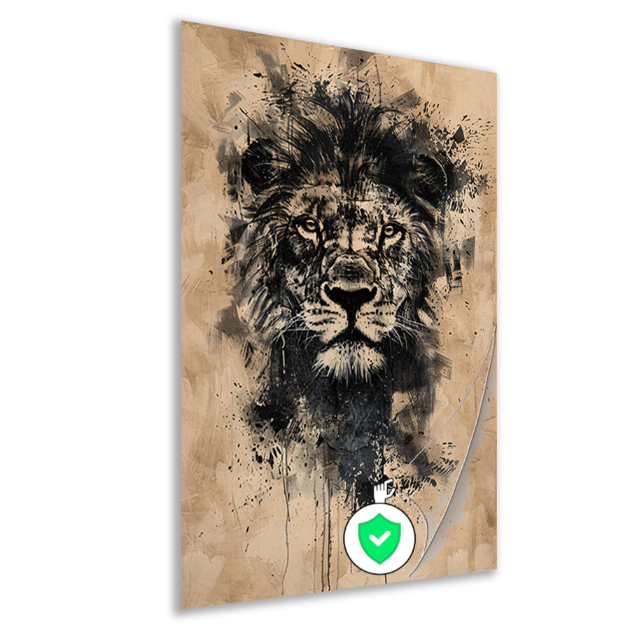 Abstract zwart-wit leeuwenportret met verfspetters poster
