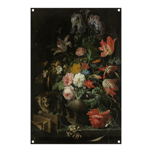 Bloemstilleven met kat en muizenval - Abraham Mignon tuinposter