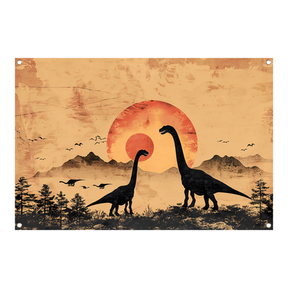 Silhouetten van dinosaurussen tijdens zonsondergang tuinposter