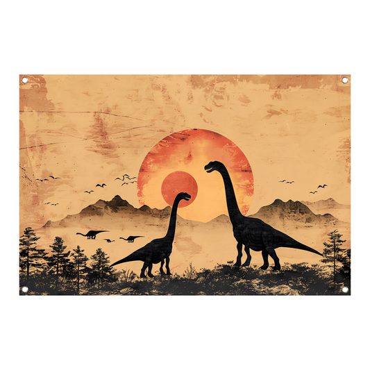 Silhouetten van dinosaurussen tijdens zonsondergang tuinposter