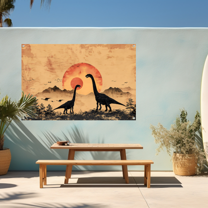 Silhouetten van dinosaurussen tijdens zonsondergang tuinposter