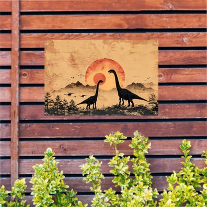 Silhouetten van dinosaurussen tijdens zonsondergang tuinposter