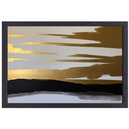 Abstracte Horizon in Goud en Zwart canvas met baklijst