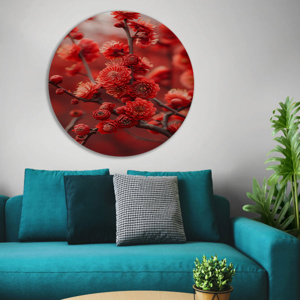 Rode Bloemen in Zachte Focus aluminium muurcirkel