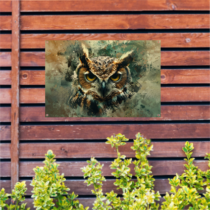 Abstracte mystieke uil met verfspatten tuinposter