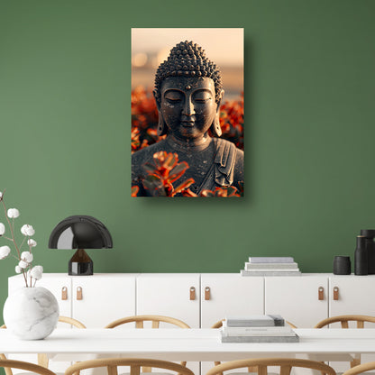 Boeddha tussen bloesems onder gouden licht canvas met baklijst
