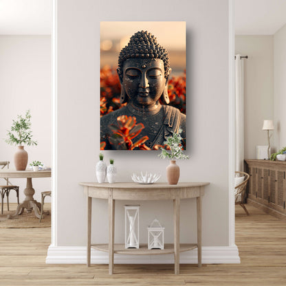 Boeddha tussen bloesems onder gouden licht canvas met baklijst