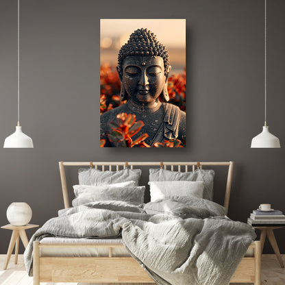 Boeddha tussen bloesems onder gouden licht canvas met baklijst