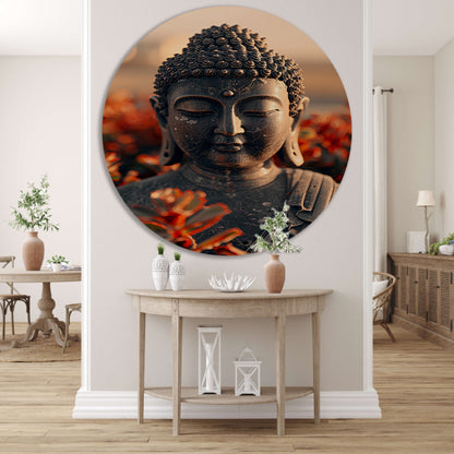 Boeddha tussen bloesems onder gouden licht aluminium muurcirkel