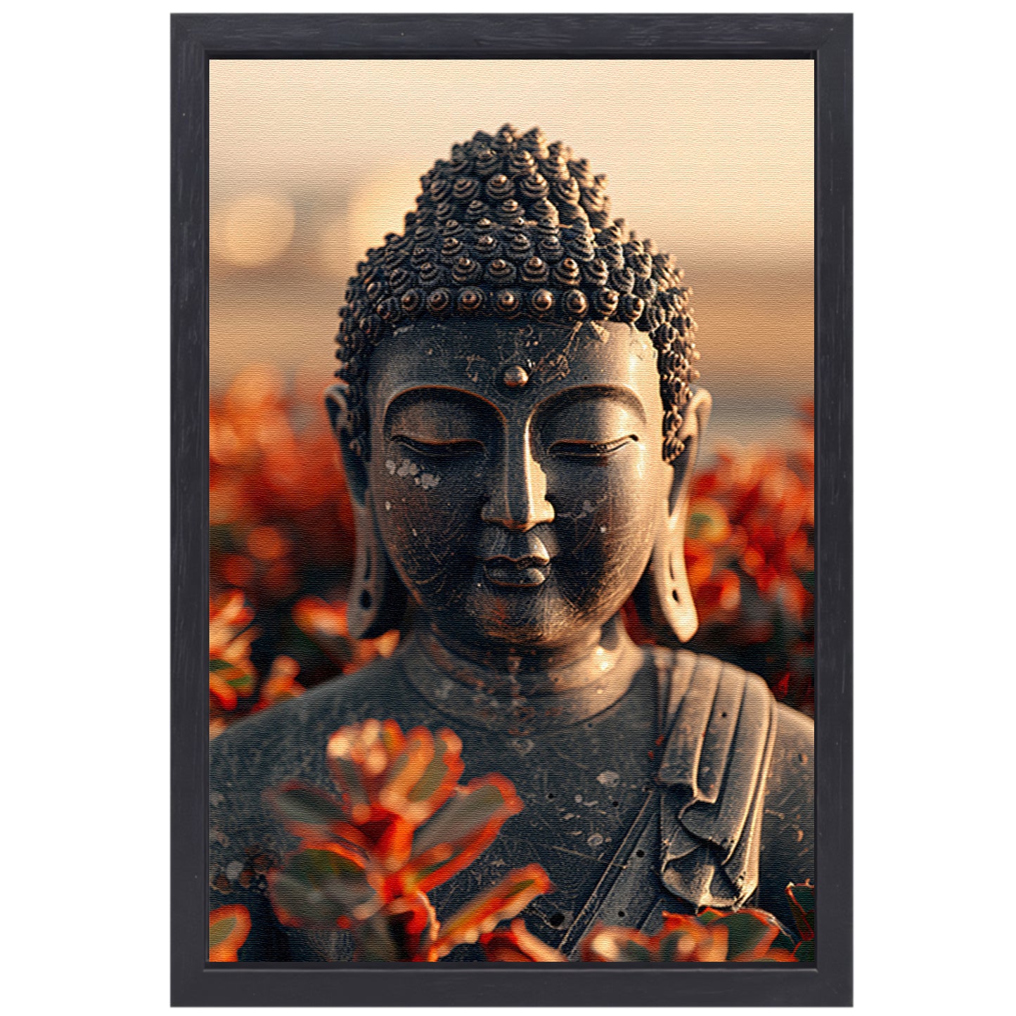 Boeddha tussen bloesems onder gouden licht canvas met baklijst