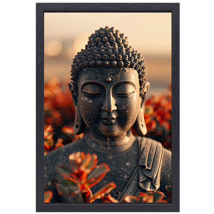 Boeddha tussen bloesems onder gouden licht canvas met baklijst