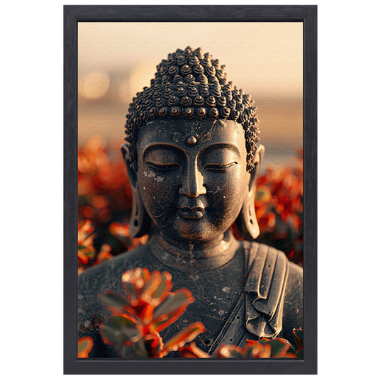 Boeddha tussen bloesems onder gouden licht canvas met baklijst